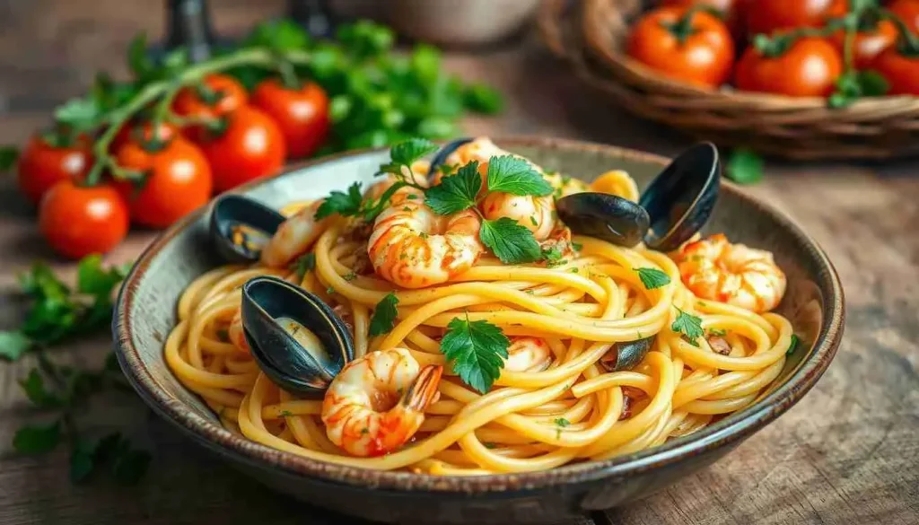 Seafood pasta with prawns and mussels served as part of an Italian set lunch in Singapore