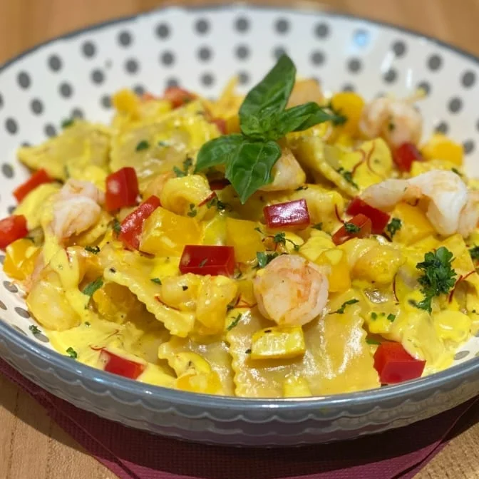  Seafood ravioli Singapore dish in rich tomato sauce.